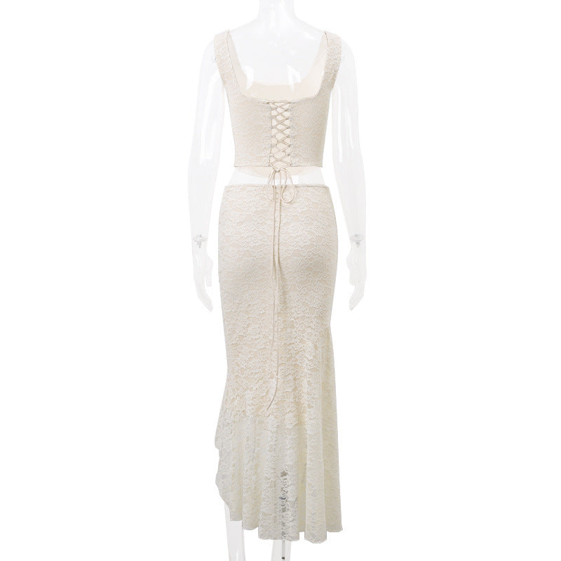 Graceful Tube Top Lace Up Lace Tophigh Waist Two-way Lace Fishtail Skirt - Bellarte Enchanté Graceful Tube Top Lace Up Lace Tophigh Waist Two-way Lace Fishtail Skirt